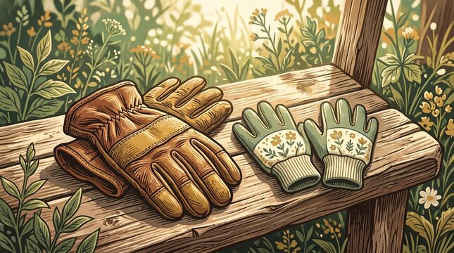 Gardening Gloves Resting on a Wooden Bench in a Lush Garden
