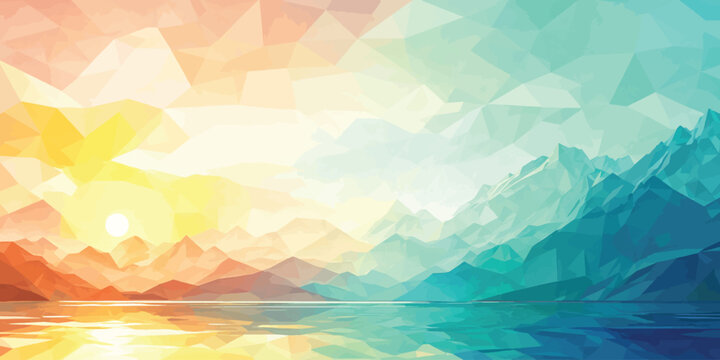 Low poly geometric landscape illustration of mountains at sunrise with mountain landscape geometric abstract triangles background colorful reflection stylized illustration gradient outdoors