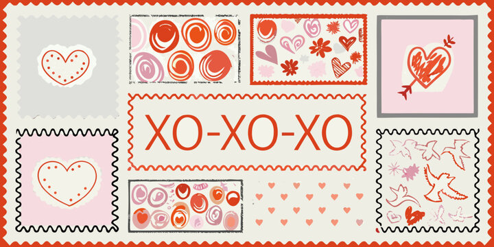 Love themed collage with hearts cherries and cupid illustrations