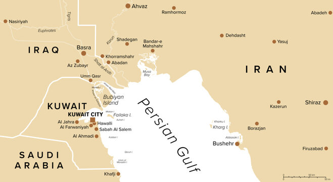 Northern Persian Gulf region, sand colored map with Kuwait, a country in West Asia and Middle East, in the edge of the Arabian Peninsula, with Bubiyan Island, part of Shatt al-Arab river delta. Vector