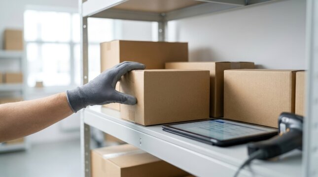 Warehouse worker taking package for shipping distribution using tablet and barcode scanner