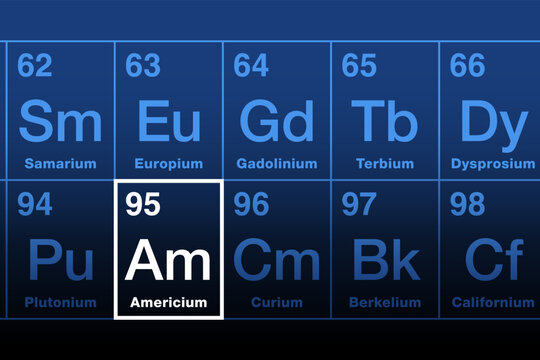 Americium element on the periodic table. Radioactive metallic element in the actinide series with atomic number 95 and symbol Am for the Americas. Used in smoke detectors and as neutron source. Vector