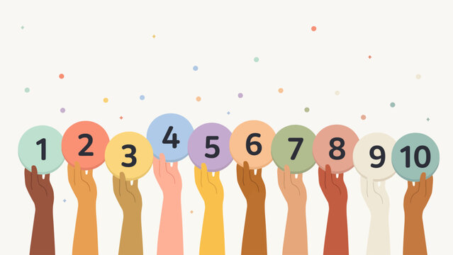 Colorful hands holding numbered circles from one to ten
