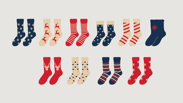 Colorful assortment of fun holiday and winter socks for kids and adults