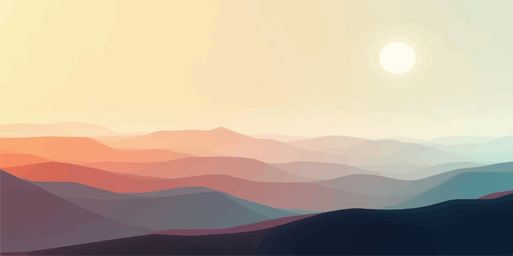 Hazy mountain range at sunrise with soft light mountain landscape minimalist background gradient peaceful artistic illustration wallpaper environment adventure creative atmosphere