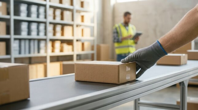 Worker hand placing cardboard box on conveyor belt