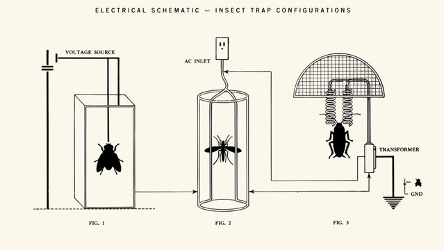 Electrical schematic diagram of three insect trap configurations with bugs
