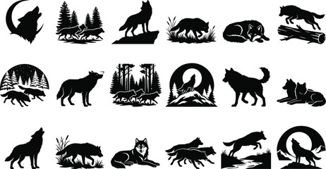 Obraz premium Wolf Silhouette Collection Featuring Howling Wolves Forest Wildlife Pack Hunting and Nature Scene Designs