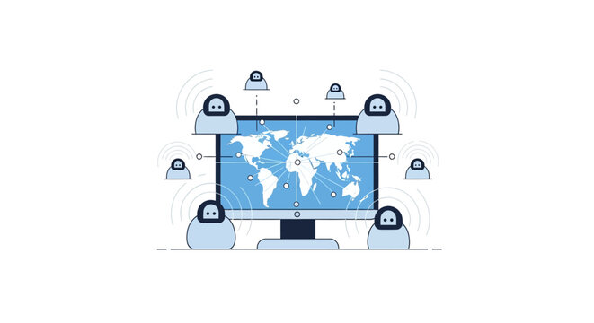 Global AI Bot Network and Automated Communication System Illustration on World Map