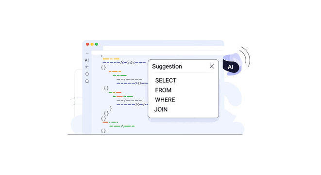 AI Coding Assistant Interface Showing SQL Query Suggestions in a Code Editor Illustration