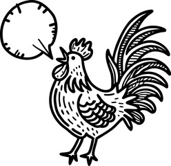 Fototapeta premium Rooster crowing with speech bubble hand drawn black and white farm bird illustration creative vintage rooster sketch