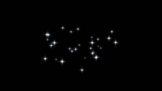 Sparkling star dust trail and twinkling glitter stars overlay, white shining particles with glowing magic burst, cartoon doodle twinkle effects, seamless loop animation on black screen, 4k video