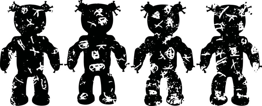 set of four black voodoo dolls with pins, stitched details, and varied facial expressions