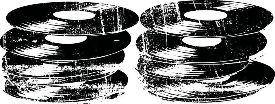 Vintage records stack two piles of black vinyl discs with grooves retro music collection concept