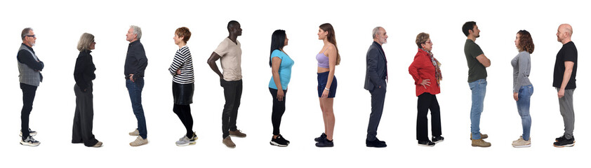 Naklejka premium side view of group of people on white background