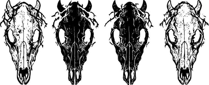 grunge animal skulls illustration set with dark and light ink textures