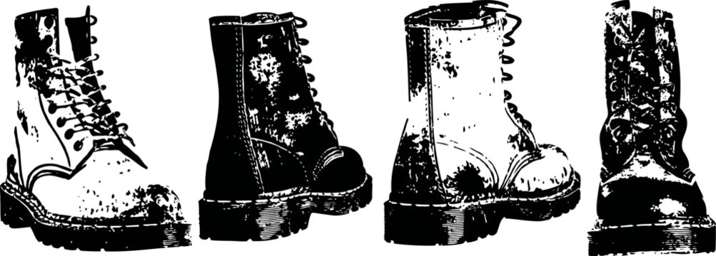 worn leather boots collection vintage footwear with laces, scuffed surfaces and rugged soles