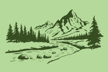Mountain landscape with river and pine forest illustration outline sketch vector illustration © Business Technology
