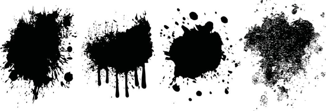 Black ink splatters and paint blotches with drips isolated on white background, artistic grunge design elements