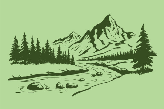Mountain landscape with river and pine forest illustration outline sketch vector illustration