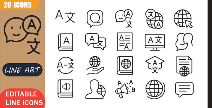 Multilingual translation icons set, 20 editable line art icons set, language multilingual translation, communication global learning, education vocabulary speech, culture theme, clean outline vector