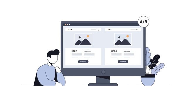 A/B Split Testing Illustration - UX Designer Analyzing Website Layout Variants on Desktop Monitor