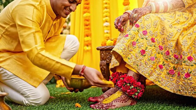 Traditional Indian Haldi Ceremony with Turmeric Paste Applied to Bride's Henna Feet and Floral Anklets, Ideal for Wedding Documentaries and Cultural Storytelling.