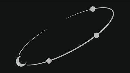 Minimalist orbital path with crescent moon and planetary icons on dark background © Dumai777