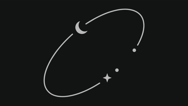 Minimalist celestial orbit line art with crescent moon and stars on black background