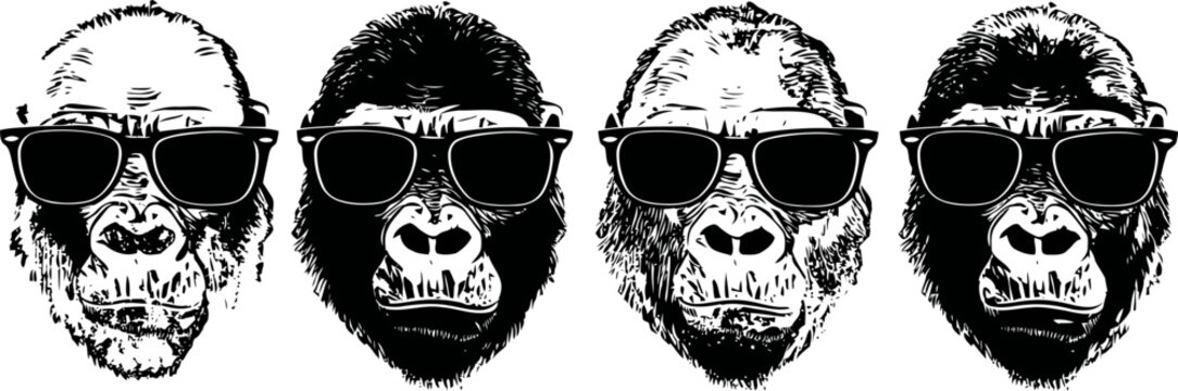 Four stylized gorilla faces wearing sunglasses, black and white animal expression illustrations