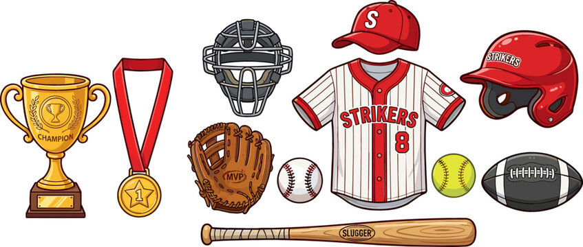 Baseball Soft Ball and American Football Equipment Vector Icon Set with Trophy Medal Jersey Bat Mitt Helmet Mask and Game Accessories