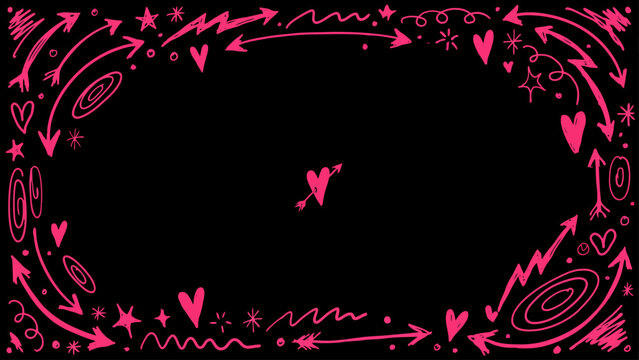 Pink abstract swirls and arrows decorative pattern with hearts and stars