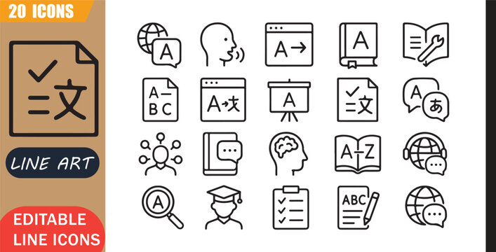 Language learning icons set, 20 editable line art icons set, language languagelearning education, vocabulary grammar communication, student knowledge study, fluency theme, clean outline vector