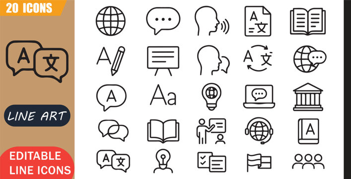 Linguistics communication icons set, 20 editable line art icons set, language linguistics communication, speech grammar vocabulary, education translation culture, languagelearning theme, clean vector