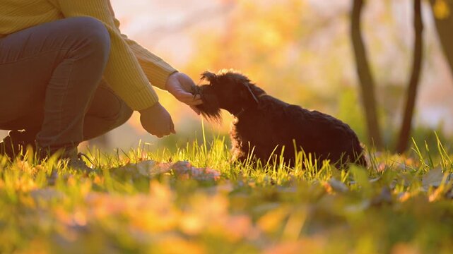 Owner Training Miniature Schnauzer in Autumn Park