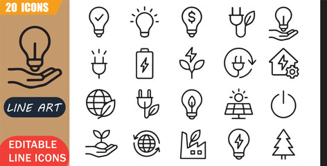 Naklejka premium Energy saving icons set, 20 editable line art icons set, energyefficiency energysaving electricity, sustainability ecofriendly power, green environment utility, conservation theme,clean outline vector