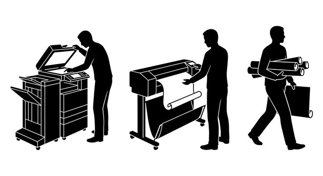 Black silhouettes of office workers using a copy machine, large format printer, and carrying paper rolls
