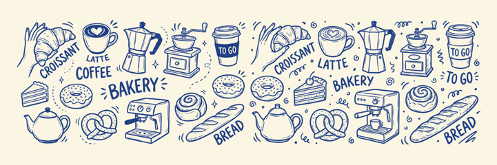 Hand drawn bakery and coffee doodle set. Sketch illustration of croissant, donut, cake, espresso machine and latte for cafe menu design. © FreelancerHasin
