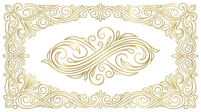 Elegant ornamental gold vintage frame with floral scroll decoration and symmetrical luxury border design isolated on white background. Perfect for invitations, certificates, packaging, and premium bra