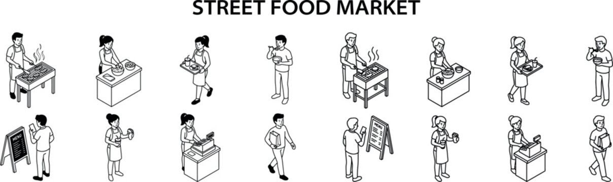 Street food market isometric line art icon set. Outline illustration of people cooking, selling and eating outdoor fast food meals.