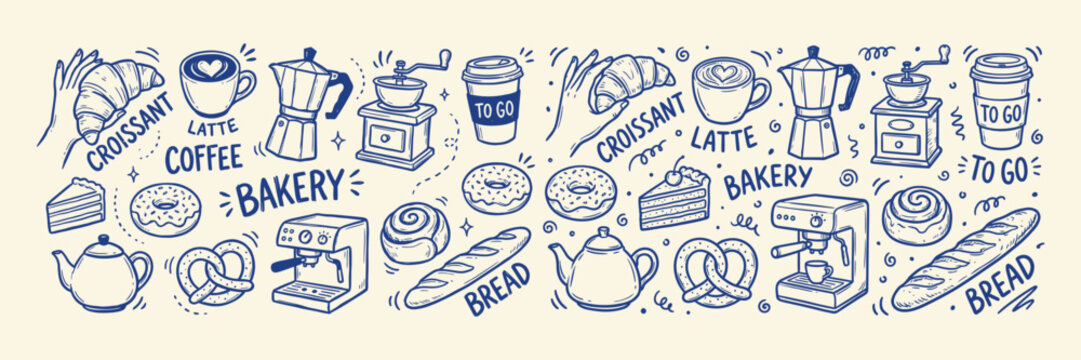 Hand drawn bakery and coffee doodle set. Sketch illustration of croissant, donut, cake, espresso machine and latte for cafe menu design.