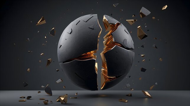 Abstract 3D cracked sphere with glowing golden core representing internal power and transformation
