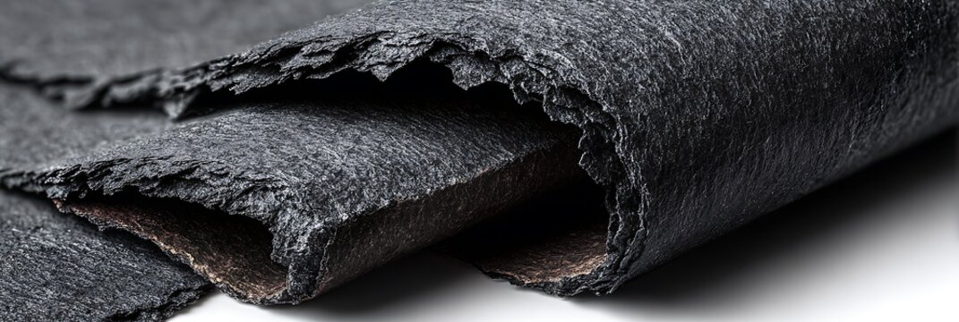 Charcoal black handmade paper sheets with torn deckle edges showcasing organic fibrous texture and tactile surface detail resting on a minimalist white surface