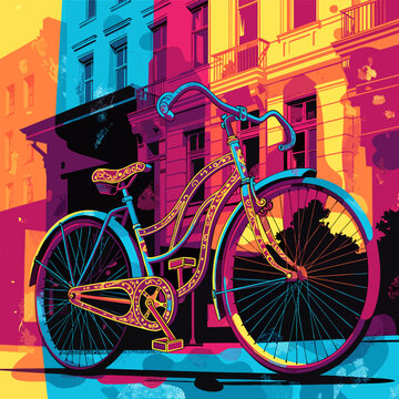 Retro bicycle parked next to a city wall in a risographchallenge pop art