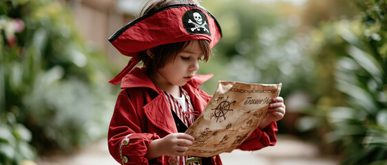 Fototapeta premium Curious pirate boy costume treasure map adventure outdoors garden fantasy imagination
