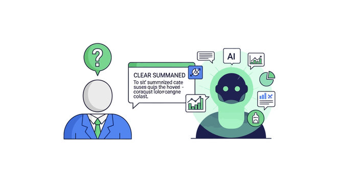AI Artificial Intelligence Summarizing Complex Data for Business Professional, Human and Robot Collaboration Flat Vector Illustration