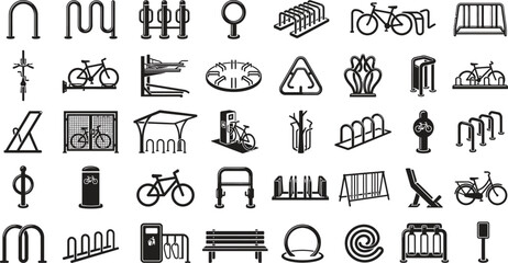 collection of various bicycle rack designs and parking stands in a clean black and white vector  © Aditya