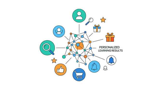 Personalized Learning Results Concept with AI Network and User Data Icons for Machine Learning and Marketing