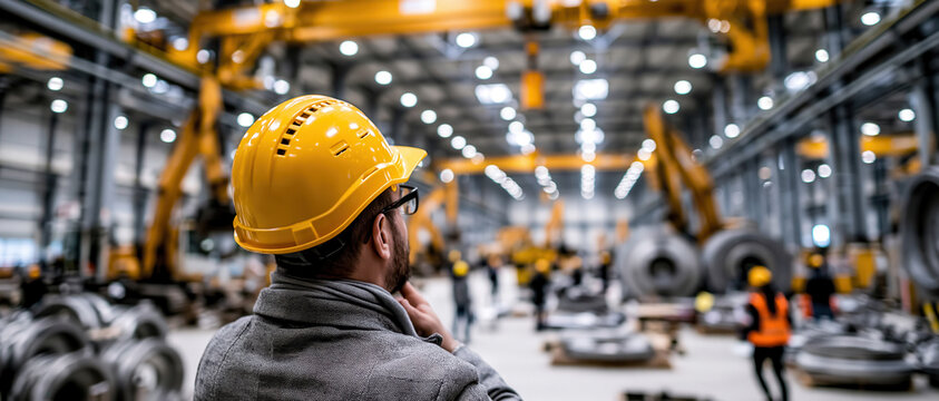 Industrial engineer safety helmet factory floor manufacturing plant heavy industry worker machinery production line industrial safety warehouse interior industrial engineer safety helmet factory