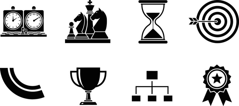 Business Strategy and Time Management Vector Icon Set with Chess Pieces Timer Hourglass Target Trophy Chart and Ribbon Badge for Success Designs